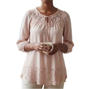 Fig & Flower Women Blush Pink Lace Trim Long Sleeve Casual Blouse Anthropologie